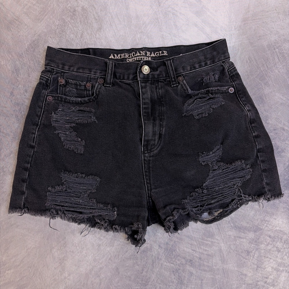 American Eagle Denim Shorts Womens 2 Black Distressed High Waisted Cutoff